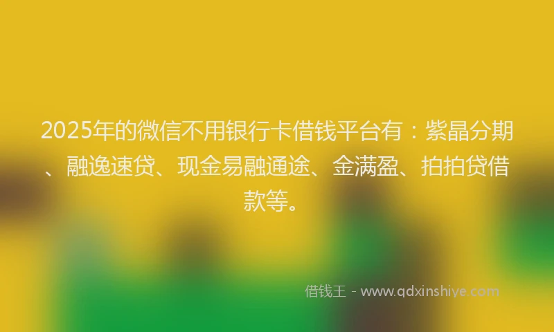 2025年的微信不用银行卡借钱平台有：紫晶分期、融逸速贷、现金易融通途、金满盈、拍拍贷借款等。