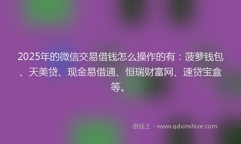 2025年的微信交易借钱怎么操作的有：菠萝钱包、天美贷、现金易借通、恒瑞财富网、速贷宝盒等。