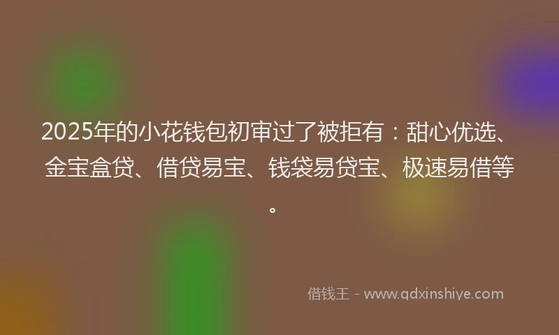 2025年的小花钱包初审过了被拒有：甜心优选、金宝盒贷、借贷易宝、钱袋易贷宝、极速易借等。