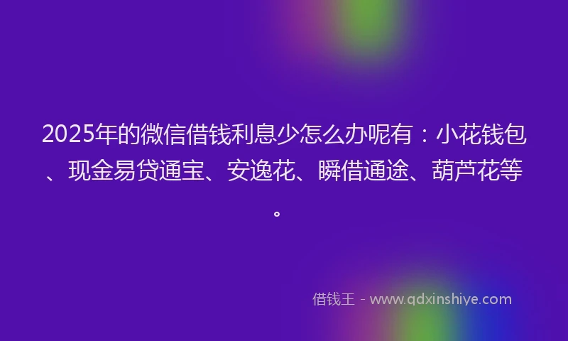 2025年的微信借钱利息少怎么办呢有：小花钱包、现金易贷通宝、安逸花、瞬借通途、葫芦花等。