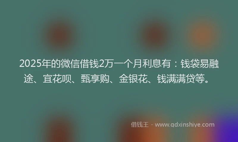 2025年的微信借钱2万一个月利息有：钱袋易融途、宜花呗、甄享购、金银花、钱满满贷等。