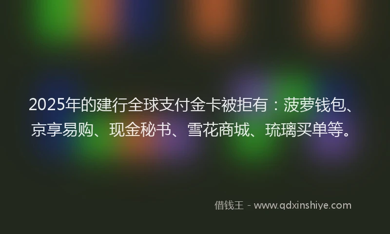 2025年的建行全球支付金卡被拒有：菠萝钱包、京享易购、现金秘书、雪花商城、琉璃买单等。