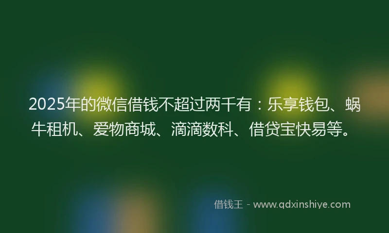 2025年的微信借钱不超过两千有：乐享钱包、蜗牛租机、爱物商城、滴滴数科、借贷宝快易等。