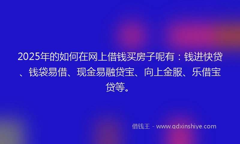 2025年的如何在网上借钱买房子呢有：钱进快贷、钱袋易借、现金易融贷宝、向上金服、乐借宝贷等。