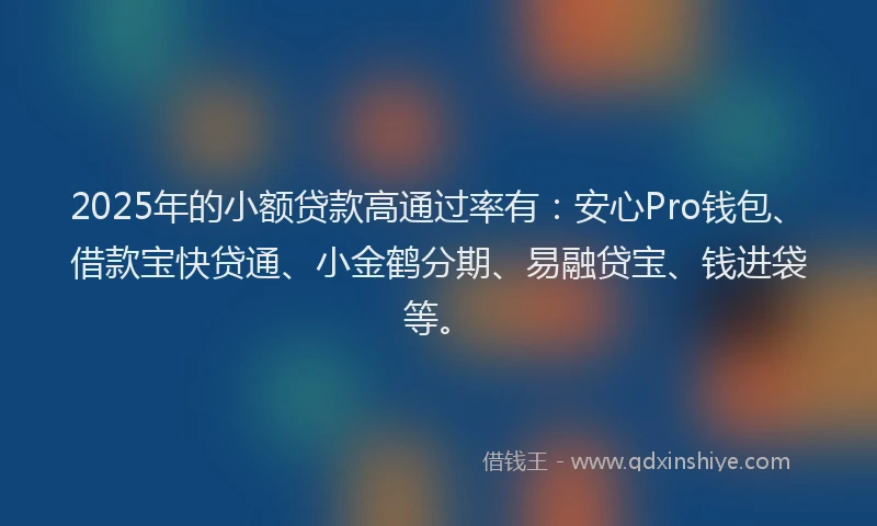 2025年的小额贷款高通过率有：安心Pro钱包、借款宝快贷通、小金鹤分期、易融贷宝、钱进袋等。