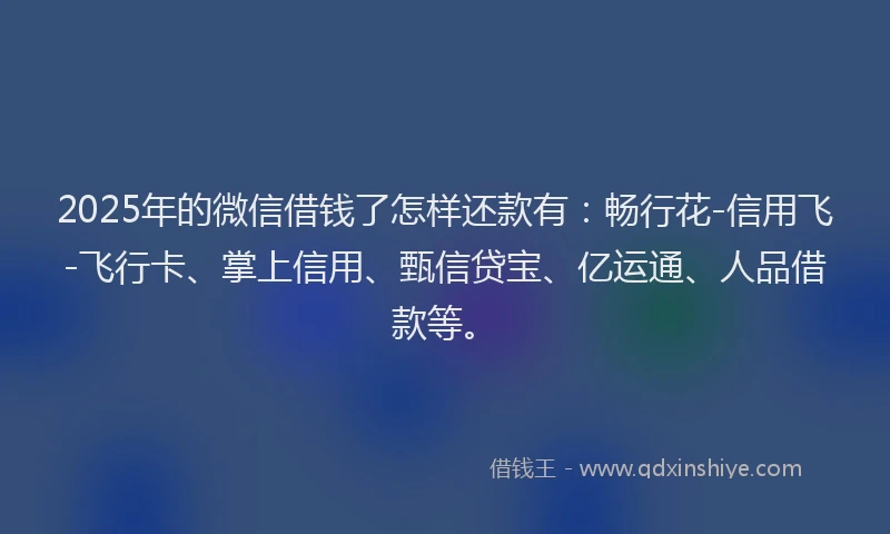 2025年的微信借钱了怎样还款有：畅行花-信用飞-飞行卡、掌上信用、甄信贷宝、亿运通、人品借款等。