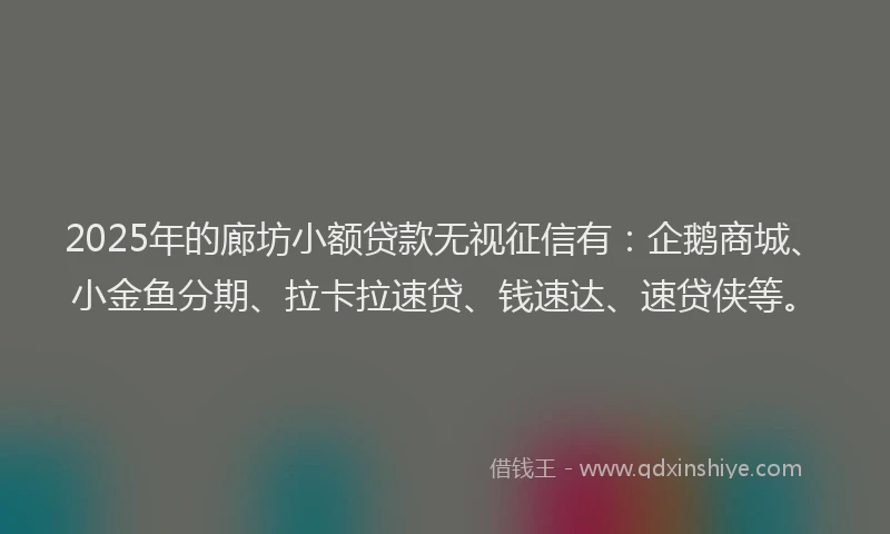 2025年的廊坊小额贷款无视征信有：企鹅商城、小金鱼分期、拉卡拉速贷、钱速达、速贷侠等。
