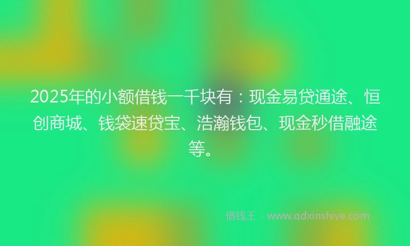2025年的小额借钱一千块有：现金易贷通途、恒创商城、钱袋速贷宝、浩瀚钱包、现金秒借融途等。