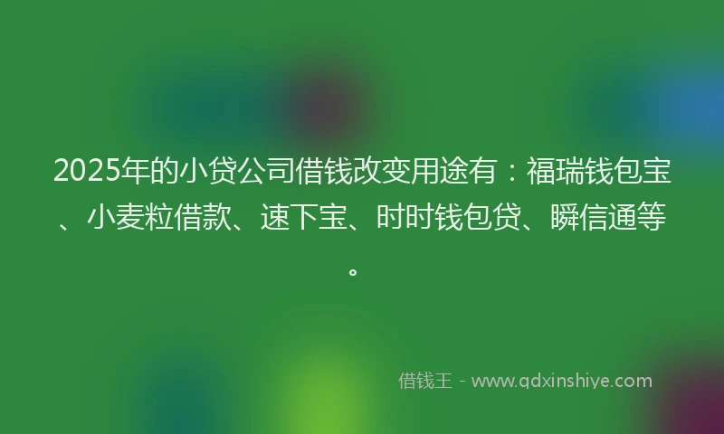 2025年的小贷公司借钱改变用途有：福瑞钱包宝、小麦粒借款、速下宝、时时钱包贷、瞬信通等。