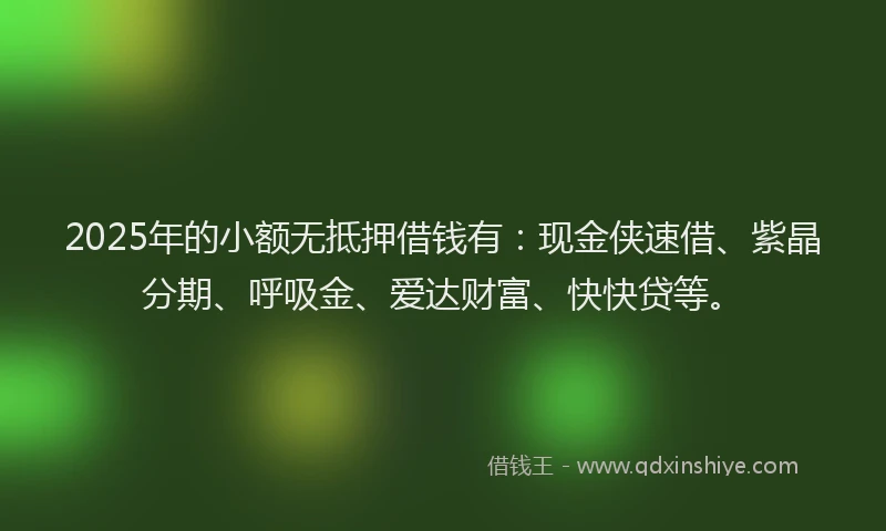 2025年的小额无抵押借钱有：现金侠速借、紫晶分期、呼吸金、爱达财富、快快贷等。