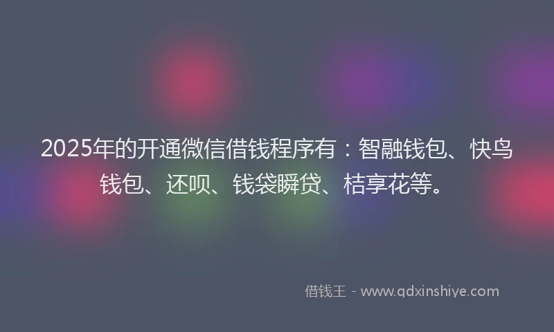 2025年的开通微信借钱程序有：智融钱包、快鸟钱包、还呗、钱袋瞬贷、桔享花等。