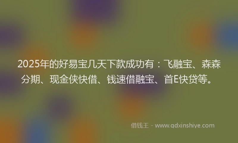 2025年的好易宝几天下款成功有：飞融宝、森森分期、现金侠快借、钱速借融宝、首E快贷等。