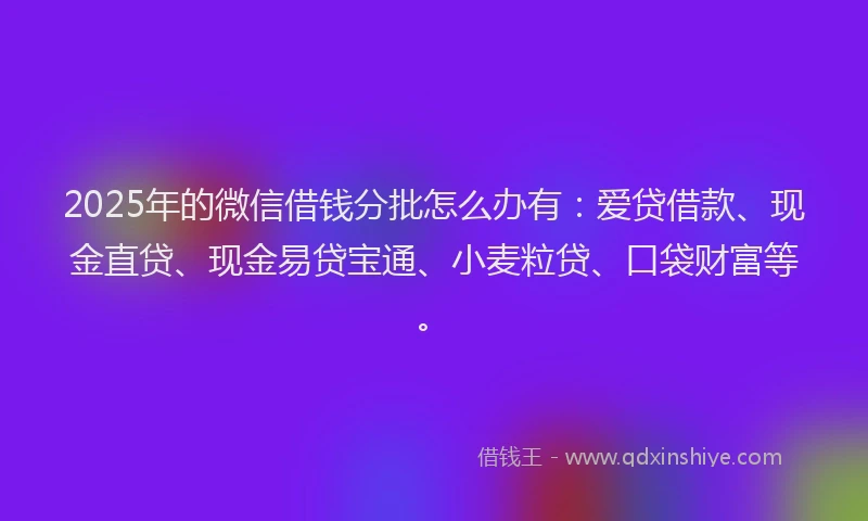 2025年的微信借钱分批怎么办有：爱贷借款、现金直贷、现金易贷宝通、小麦粒贷、口袋财富等。