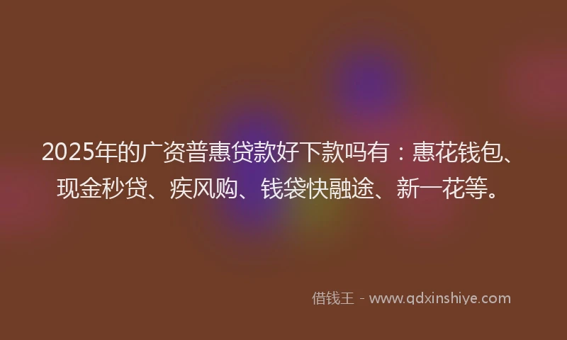 2025年的广资普惠贷款好下款吗有：惠花钱包、现金秒贷、疾风购、钱袋快融途、新一花等。
