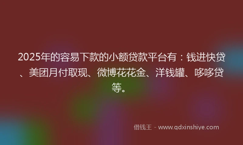 2025年的容易下款的小额贷款平台有：钱进快贷、美团月付取现、微博花花金、洋钱罐、哆哆贷等。