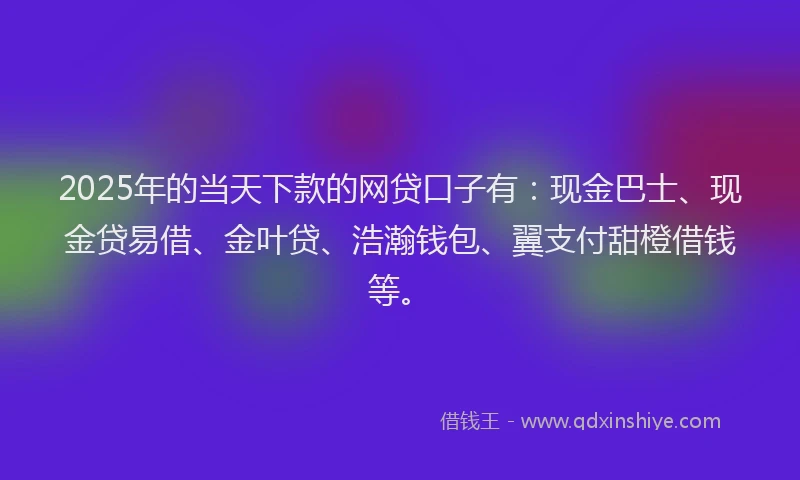 2025年的当天下款的网贷口子有：现金巴士、现金贷易借、金叶贷、浩瀚钱包、翼支付甜橙借钱等。