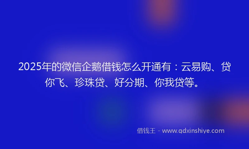 2025年的微信企鹅借钱怎么开通有：云易购、贷你飞、珍珠贷、好分期、你我贷等。