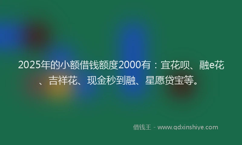 2025年的小额借钱额度2000有：宜花呗、融e花、吉祥花、现金秒到融、星愿贷宝等。