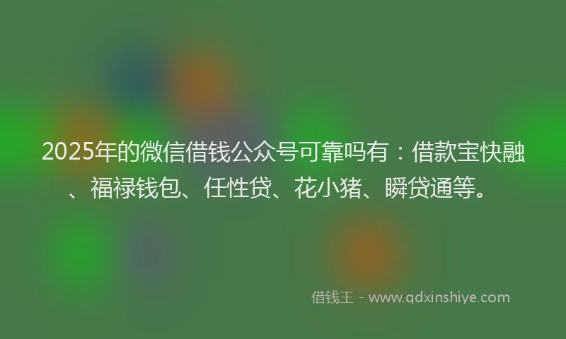 2025年的微信借钱公众号可靠吗有：借款宝快融、福禄钱包、任性贷、花小猪、瞬贷通等。