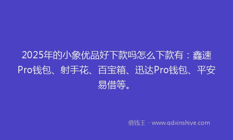 2025年的小象优品好下款吗怎么下款有：鑫速Pro钱包、射手花、百宝箱、迅达Pro钱包、平安易借等。
