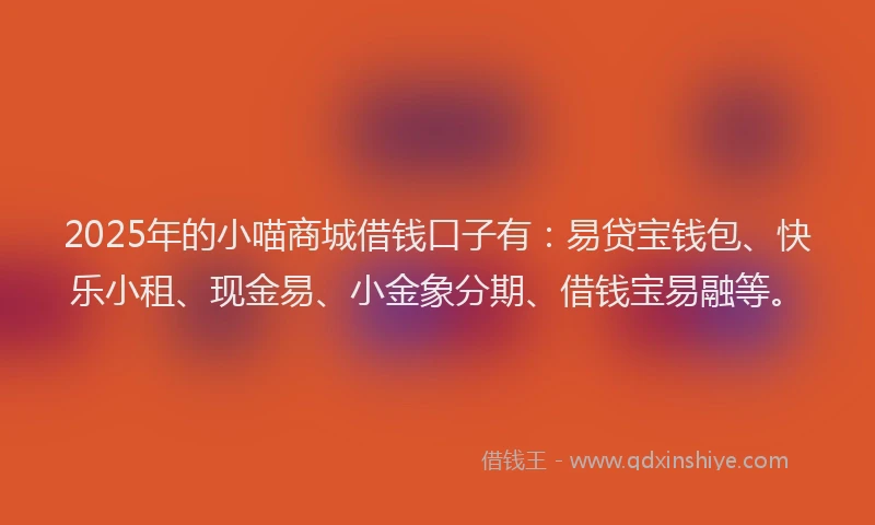 2025年的小喵商城借钱口子有：易贷宝钱包、快乐小租、现金易、小金象分期、借钱宝易融等。