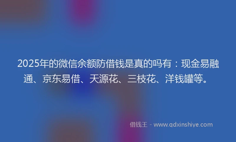 2025年的微信余额防借钱是真的吗有：现金易融通、京东易借、天源花、三枝花、洋钱罐等。