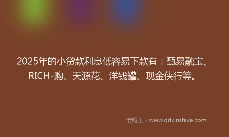2025年的小贷款利息低容易下款有：甄易融宝、RICH-购、天源花、洋钱罐、现金侠行等。