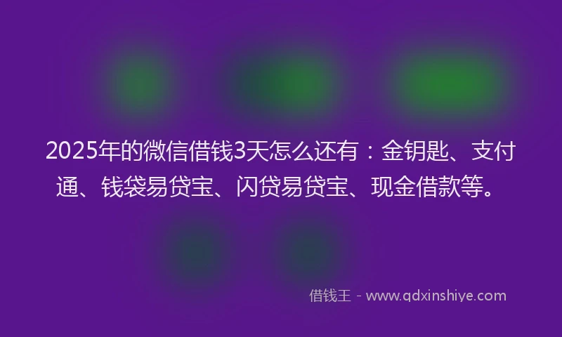 2025年的微信借钱3天怎么还有：金钥匙、支付通、钱袋易贷宝、闪贷易贷宝、现金借款等。
