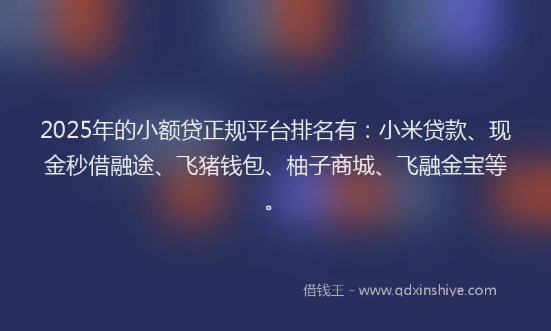 2025年的小额贷正规平台排名有：小米贷款、现金秒借融途、飞猪钱包、柚子商城、飞融金宝等。