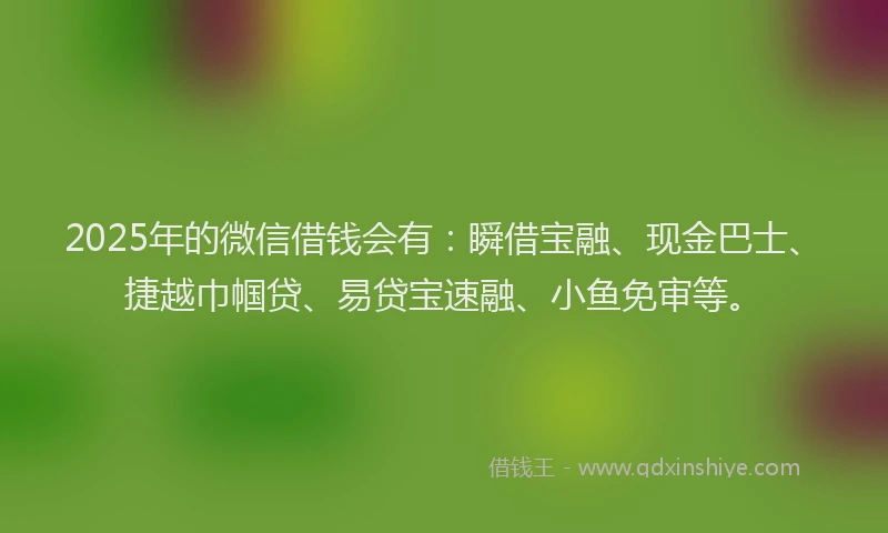 2025年的微信借钱会有：瞬借宝融、现金巴士、捷越巾帼贷、易贷宝速融、小鱼免审等。