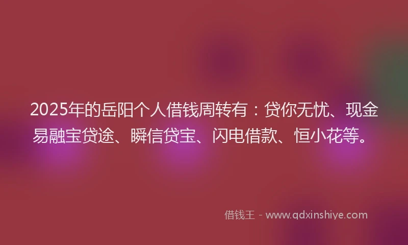 2025年的岳阳个人借钱周转有：贷你无忧、现金易融宝贷途、瞬信贷宝、闪电借款、恒小花等。