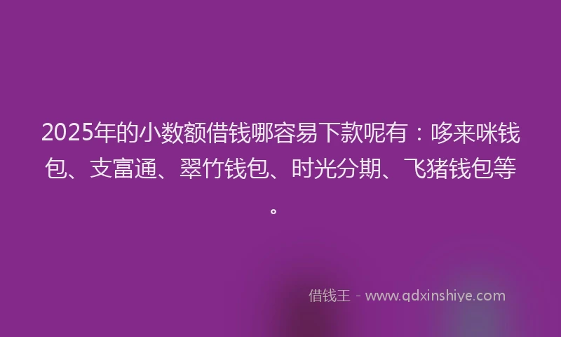 2025年的小数额借钱哪容易下款呢有：哆来咪钱包、支富通、翠竹钱包、时光分期、飞猪钱包等。