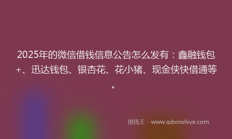 2025年的微信借钱信息公告怎么发有：鑫融钱包+、迅达钱包、银杏花、花小猪、现金侠快借通等。