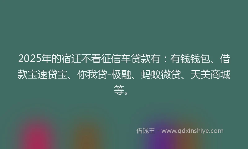 2025年的宿迁不看征信车贷款有：有钱钱包、借款宝速贷宝、你我贷-极融、蚂蚁微贷、天美商城等。