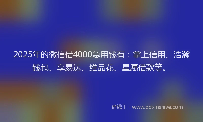 2025年的微信借4000急用钱有：掌上信用、浩瀚钱包、享易达、维品花、星愿借款等。