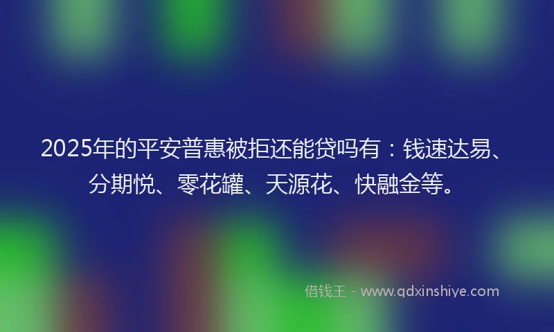 2025年的平安普惠被拒还能贷吗有：钱速达易、分期悦、零花罐、天源花、快融金等。