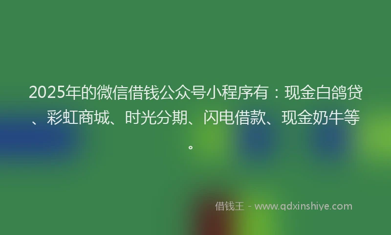 2025年的微信借钱公众号小程序有：现金白鸽贷、彩虹商城、时光分期、闪电借款、现金奶牛等。