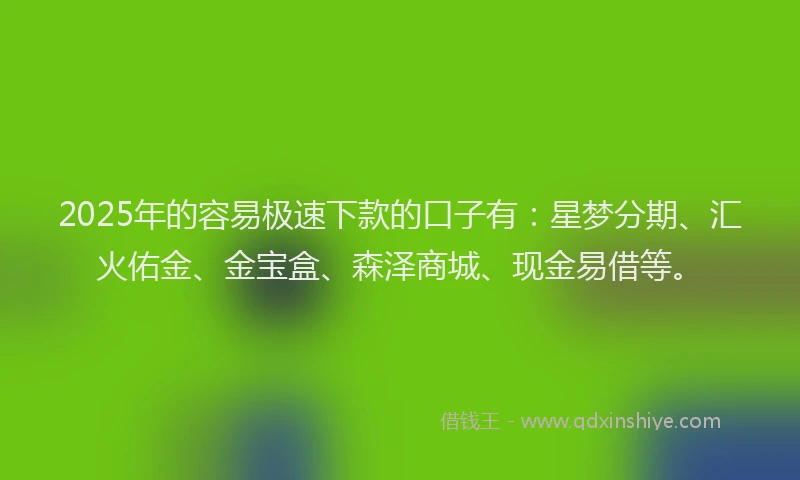 2025年的容易极速下款的口子有：星梦分期、汇火佑金、金宝盒、森泽商城、现金易借等。
