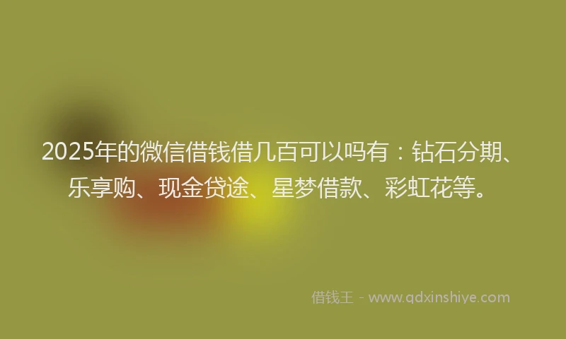 2025年的微信借钱借几百可以吗有：钻石分期、乐享购、现金贷途、星梦借款、彩虹花等。