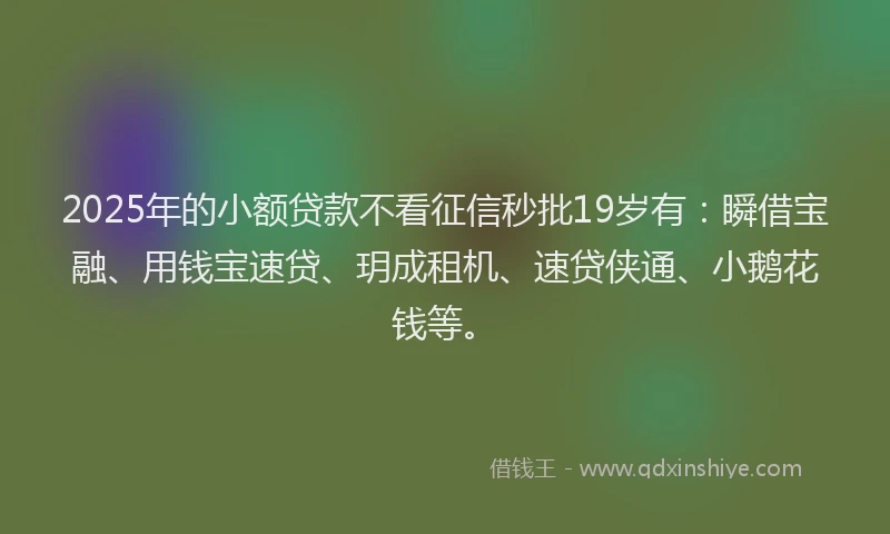 2025年的小额贷款不看征信秒批19岁有：瞬借宝融、用钱宝速贷、玥成租机、速贷侠通、小鹅花钱等。