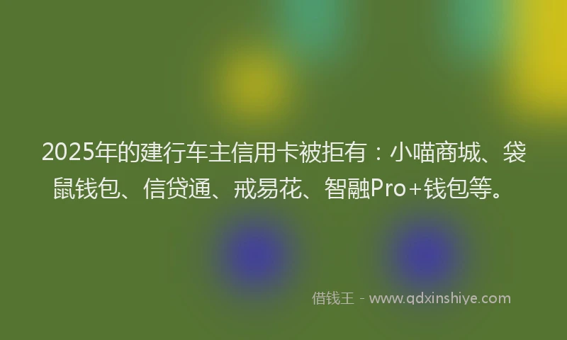 2025年的建行车主信用卡被拒有：小喵商城、袋鼠钱包、信贷通、戒易花、智融Pro+钱包等。