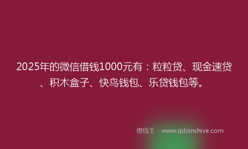2025年的微信借钱1000元有：粒粒贷、现金速贷、积木盒子、快鸟钱包、乐贷钱包等。