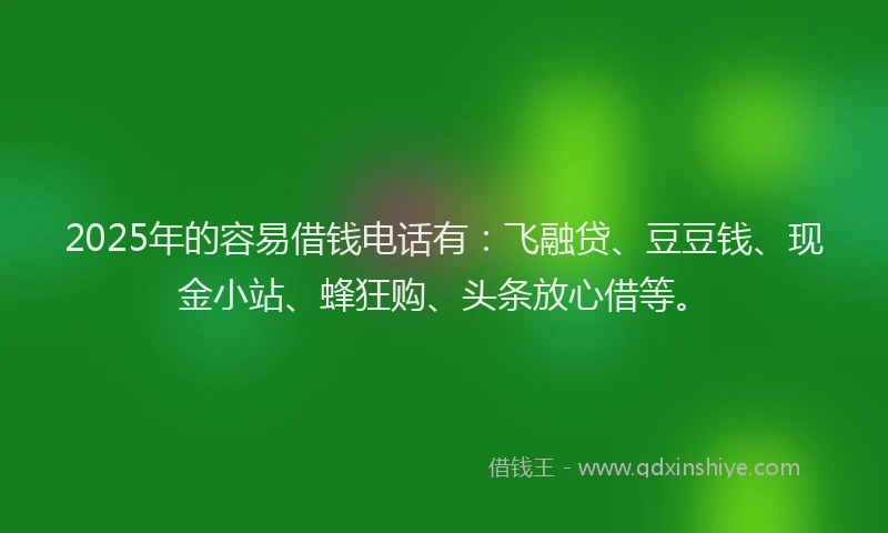 2025年的容易借钱电话有：飞融贷、豆豆钱、现金小站、蜂狂购、头条放心借等。
