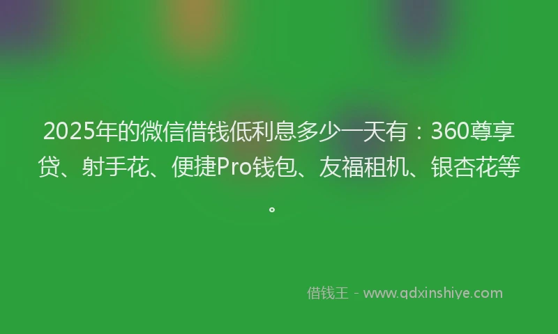 2025年的微信借钱低利息多少一天有：360尊享贷、射手花、便捷Pro钱包、友福租机、银杏花等。