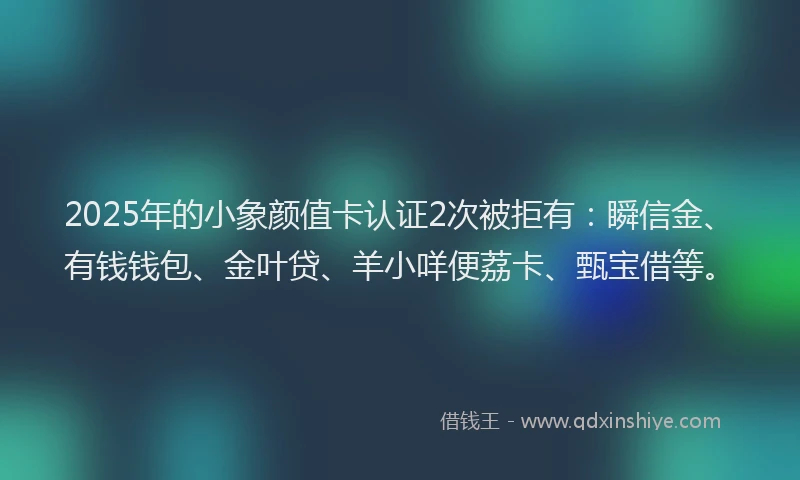 2025年的小象颜值卡认证2次被拒有：瞬信金、有钱钱包、金叶贷、羊小咩便荔卡、甄宝借等。