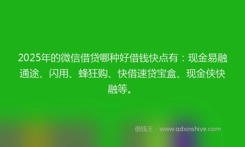 2025年的微信借贷哪种好借钱快点有：现金易融通途、闪用、蜂狂购、快借速贷宝盒、现金侠快融等。