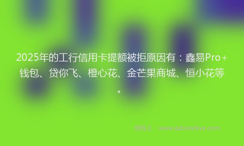 2025年的工行信用卡提额被拒原因有：鑫易Pro+钱包、贷你飞、橙心花、金芒果商城、恒小花等。