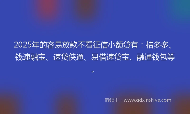 2025年的容易放款不看征信小额贷有：桔多多、钱速融宝、速贷侠通、易借速贷宝、融通钱包等。