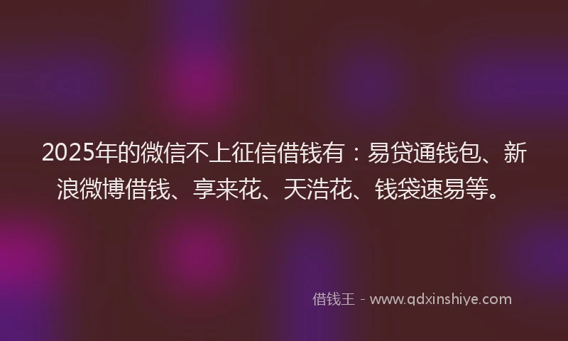 2025年的微信不上征信借钱有：易贷通钱包、新浪微博借钱、享来花、天浩花、钱袋速易等。
