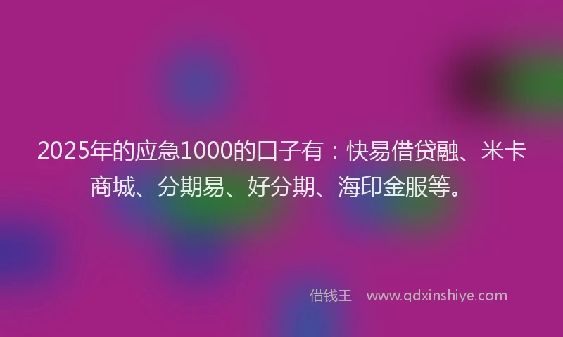 2025年的应急1000的口子有：快易借贷融、米卡商城、分期易、好分期、海印金服等。